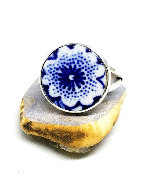 Blue and White Flower Round Vintage Pottery Ring- Size 5