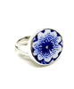 Blue and White Flower Round Vintage Pottery Ring- Size 5