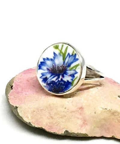 Blue Flower Round Vintage Pottery Ring- Size 6