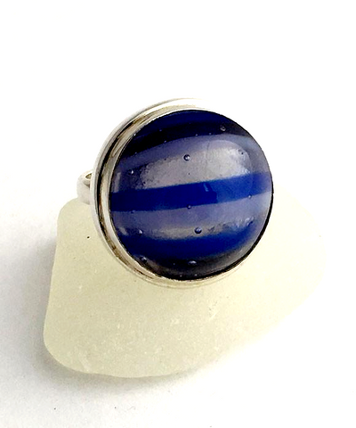 Blue Striped Fused Glass Bubble Ring - Size 7