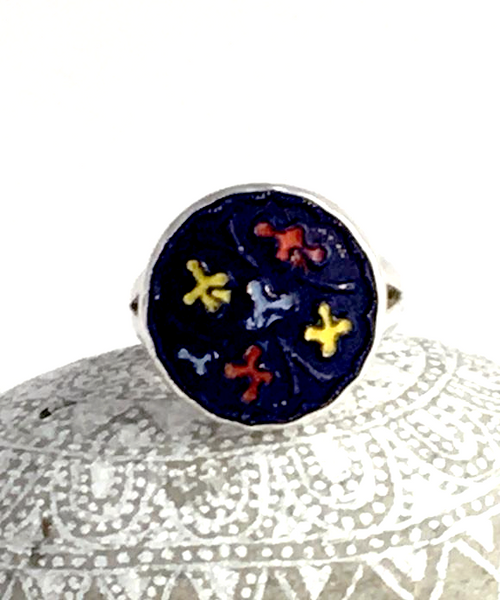 Navy Blue with Colorful Pattern Vintage Button Simple Bezel Ring - Size 8