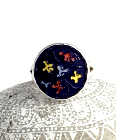 Navy Blue with Colorful Pattern Vintage Button Simple Bezel Ring - Size 8