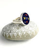 Navy Blue with Colorful Pattern Vintage Button Simple Bezel Ring - Size 8