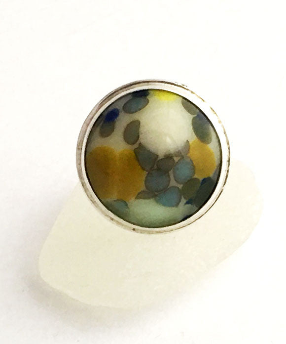 Cream with Steel Blue & Yellow Speckles Fused Glass Bubble Ring - Size 8.5