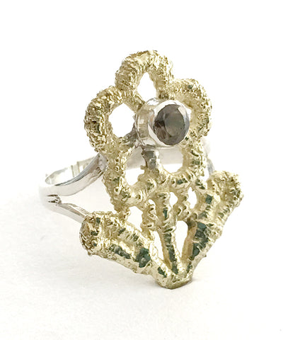 Lace Flower Cast in Yellow Brass with Faceted Smokey Quartz Ring - Size 6.5