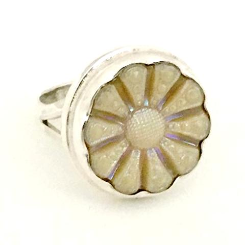 Iridescent Beige Vintage Button Ring - Size 7