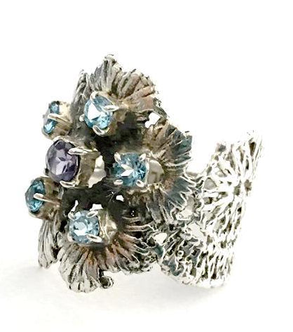Flower Lace Cast in Sterling Silver with Faceted Blue Topaz and Iolite - Size 7