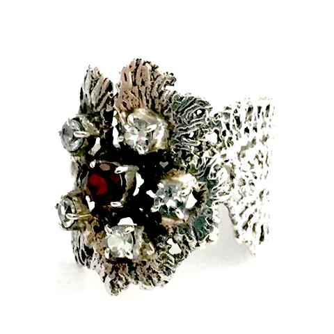 Flower Lace Cast in Sterling Silver with Faceted Topaz and Garnet Ring - Size 8