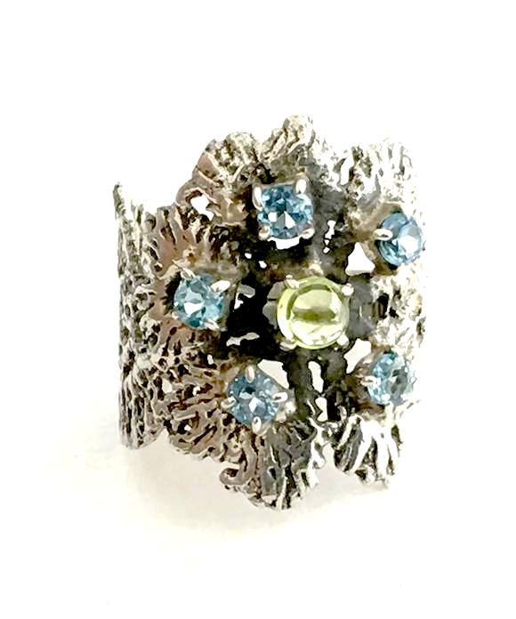 Flower Lace Cast in Sterling Silver with Faceted Blue Topaz and Peridot - Size 7