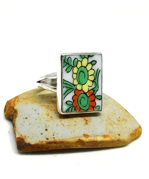 Orange and Yellow Flower Rectangle Vintage Pottery Ring- Size 6