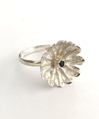 Poppy Ring Cast in Sterling Silver with Faceted Smokey Quartz Stone - Size 7