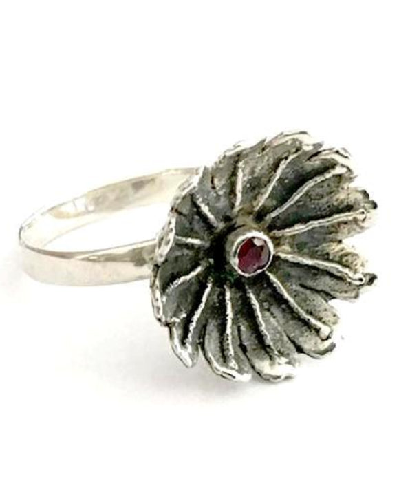 Poppy Ring Cast in Sterling Silver with Faceted Garnet Stone - Size 7