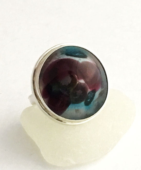 Raspberry and Turquoise Fused Glass Bubble Ring - Size 8