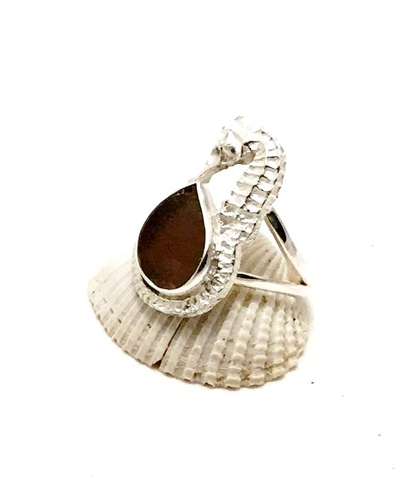 Sea Horse & Brown Sea Glass Ring - Size 7