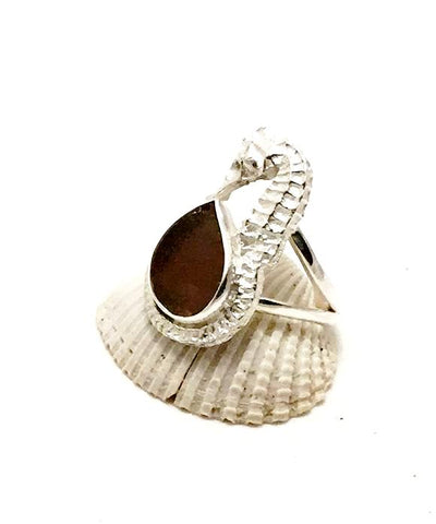 Sea Horse & Brown Sea Glass Ring - Size 7