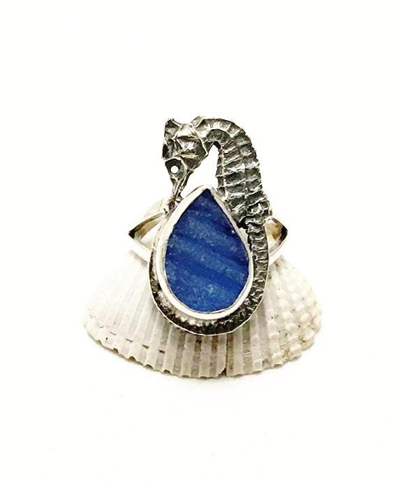 Sea Horse & Textured Blue Sea Glass Ring - Size 7.5