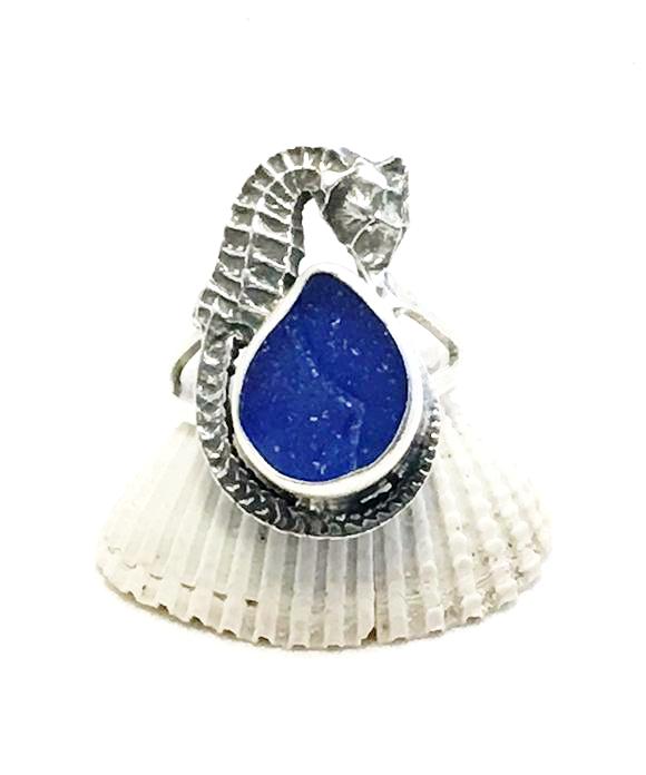 Sea Horse & Cobalt Sea Glass Ring - Size 6.5