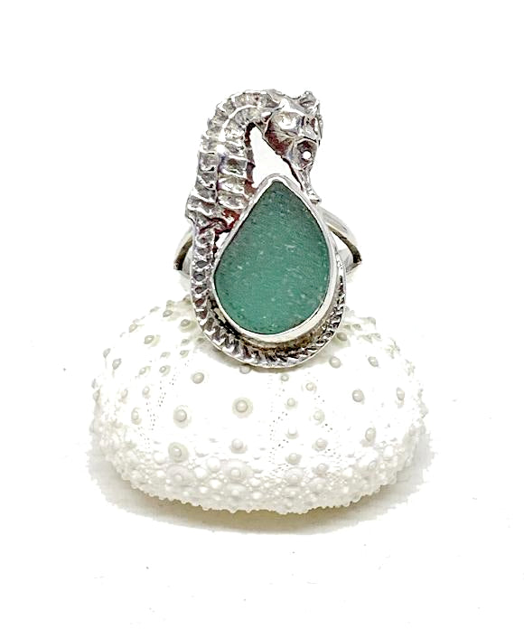 Sea Horse & Teal Green Sea Glass Ring - Size 6