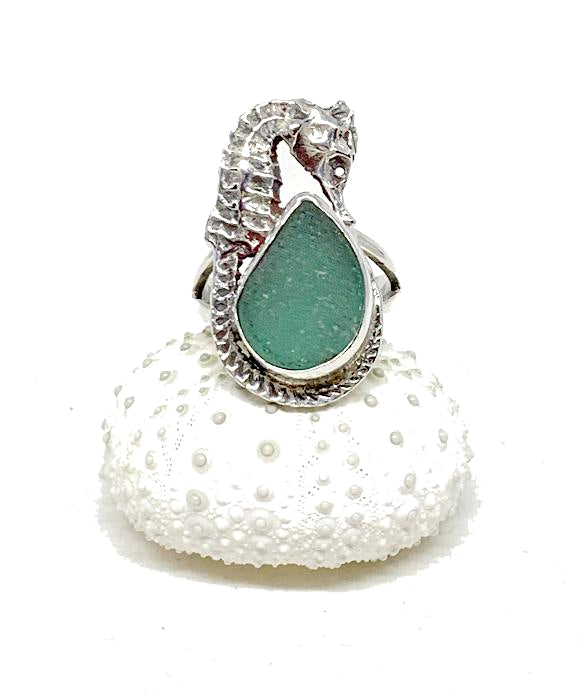 Sea Horse & Teal Green Sea Glass Ring - Size 6