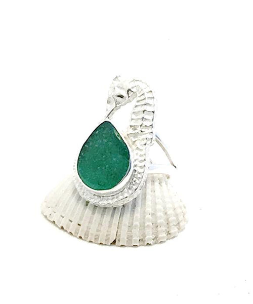 Sea Horse & Green Sea Glass Ring - Size 6