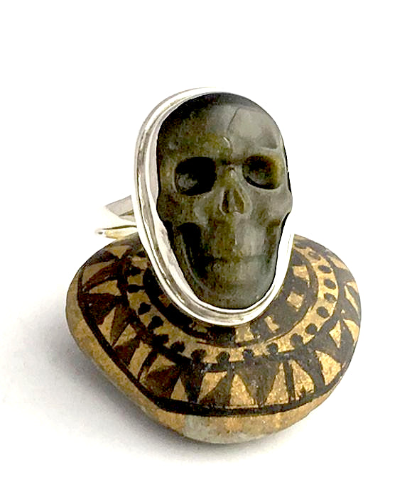 Hand Carved Golden Sheen Obsidian Skull Ring - Size 10