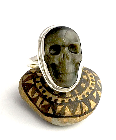 Hand Carved Golden Sheen Obsidian Skull Ring - Size 10
