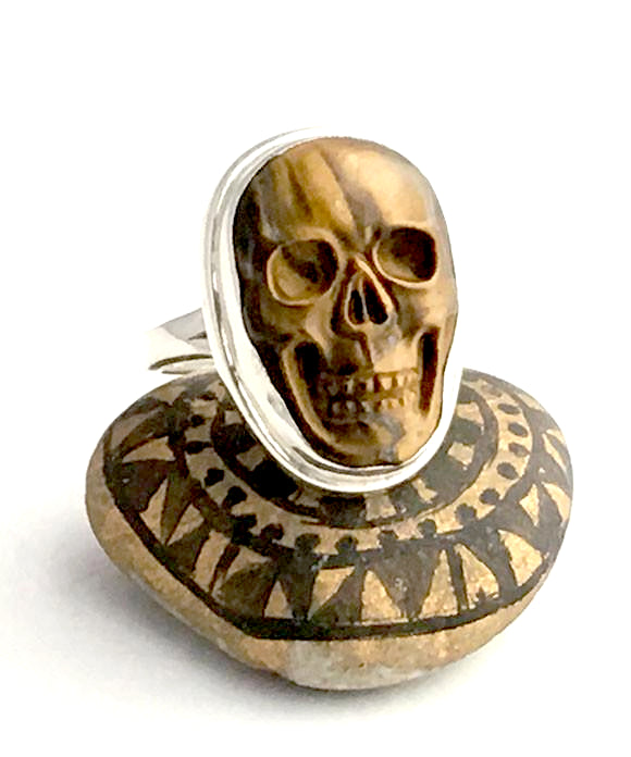 Hand Carved Tigers Eye Skull Ring - Size 10