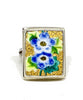 Blue and Yellow Flower On Textured Gold Rectangle Vintage Pottery Ring- Size 7