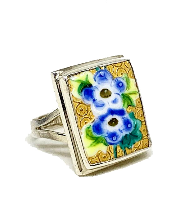 Blue and Yellow Flower On Textured Gold Rectangle Vintage Pottery Ring- Size 7