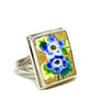 Blue and Yellow Flower On Textured Gold Rectangle Vintage Pottery Ring- Size 7