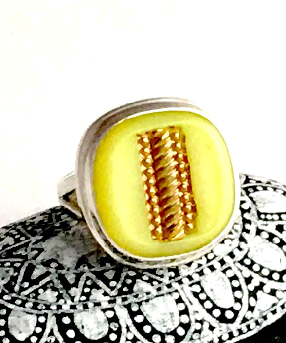 Yellow and Gold Vintage Button Ring - Size 5.5