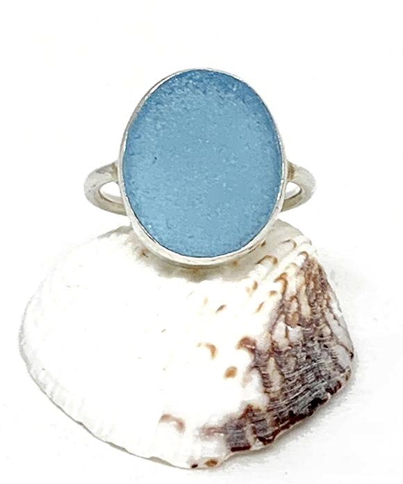 Aqua Oval Sea Glass Ring - Size 7
