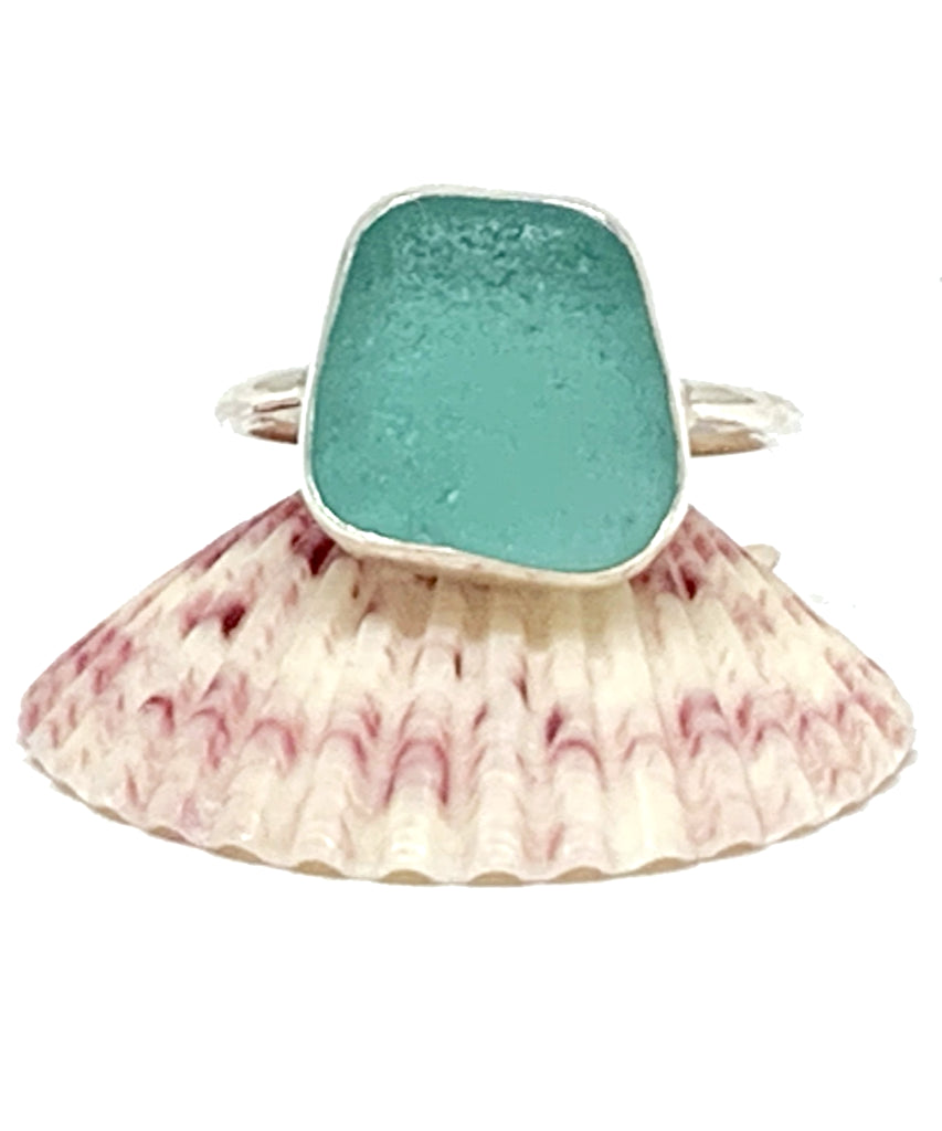 Chunky Dark Aqua Sea Glass Ring - Size 7