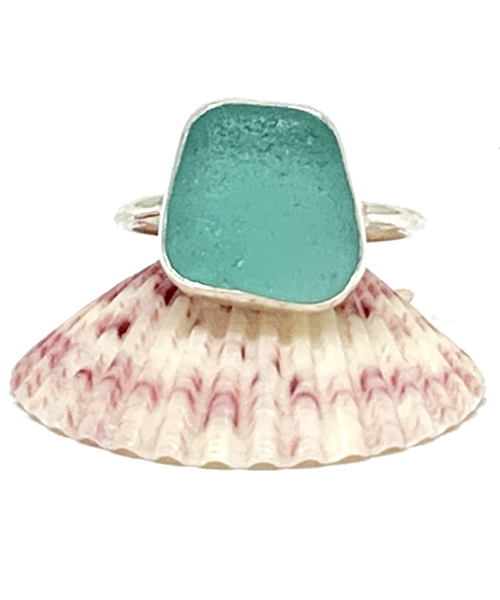 Chunky Dark Aqua Sea Glass Ring - Size 7