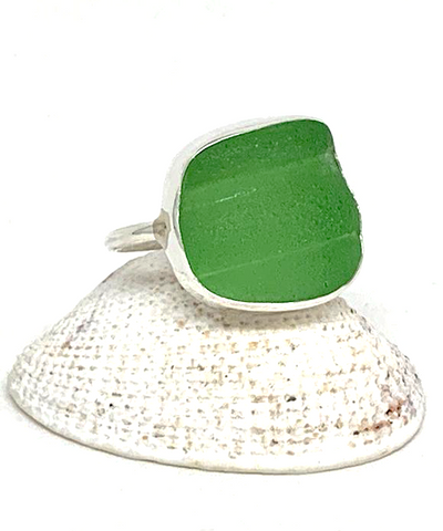 Textured Chunky Green Sea Glass Ring - Size 9