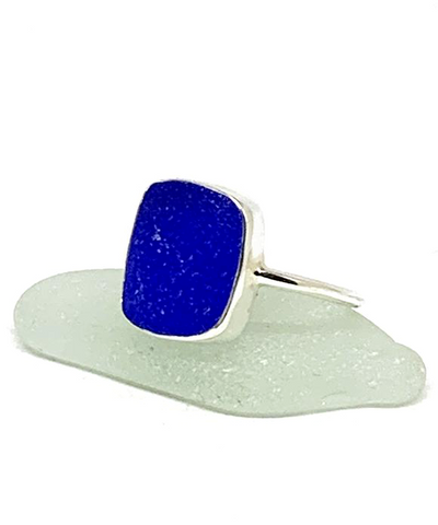 Large Square Cobalt Sea Glass Ring - Size 6