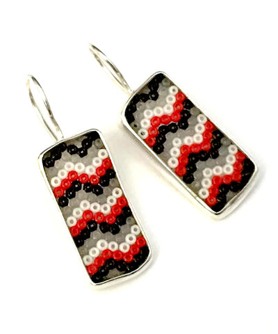 Red, Black, White & Grey Striped Fused Seed Bead Earrings