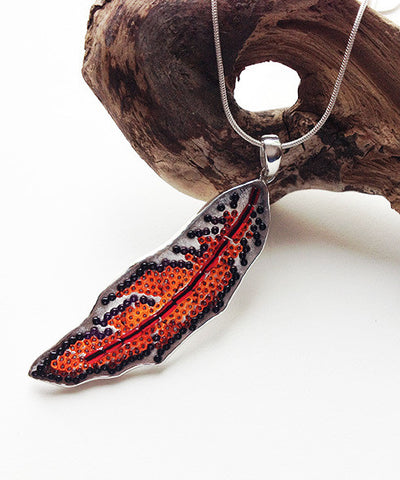Red, Rust and Black Fused Beaded Feather Pendant on Sterling Silver Chain