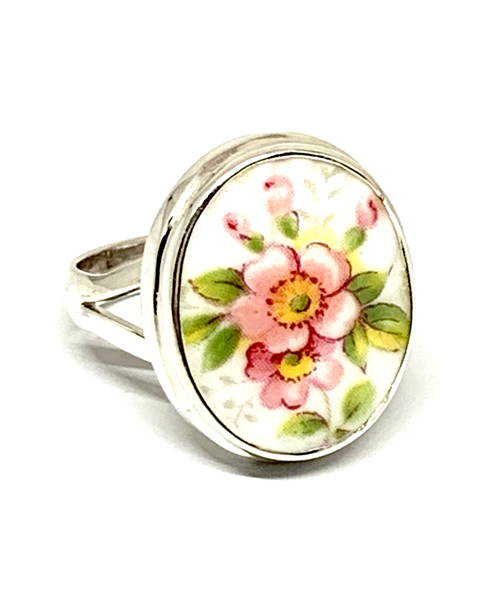 Pink Flowers Vintage Pottery Chunky Oval Ring- Size 7.5
