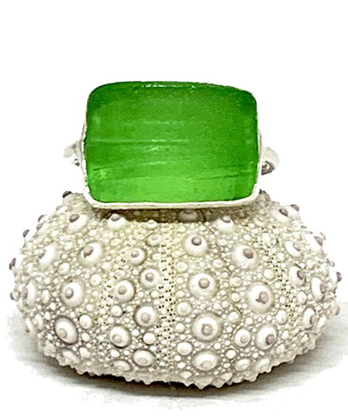 Rectangle Shaped Textured Chunky Green Sea Glass Ring - Size 8