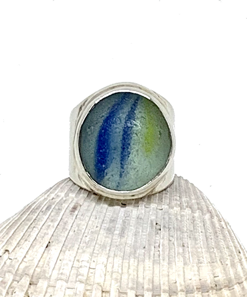 Blue and Yellow Heavy Band Marble Ring - Size 8.5