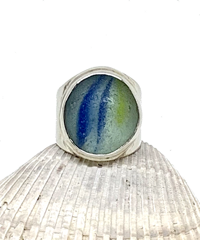 Blue and Yellow Heavy Band Marble Ring - Size 8.5