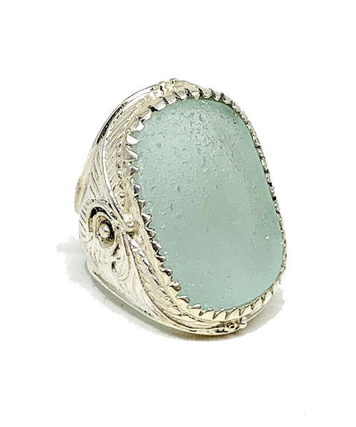 Large Statement Soft Aqua Sea Glass Ring with Leaf & Flower Setting