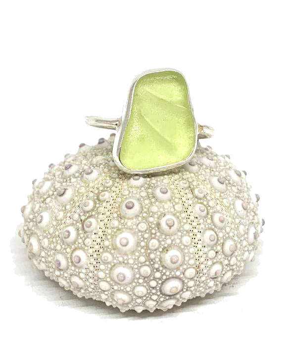 Rare Textured Pale Yellow  Sea Glass Ring - Size 6