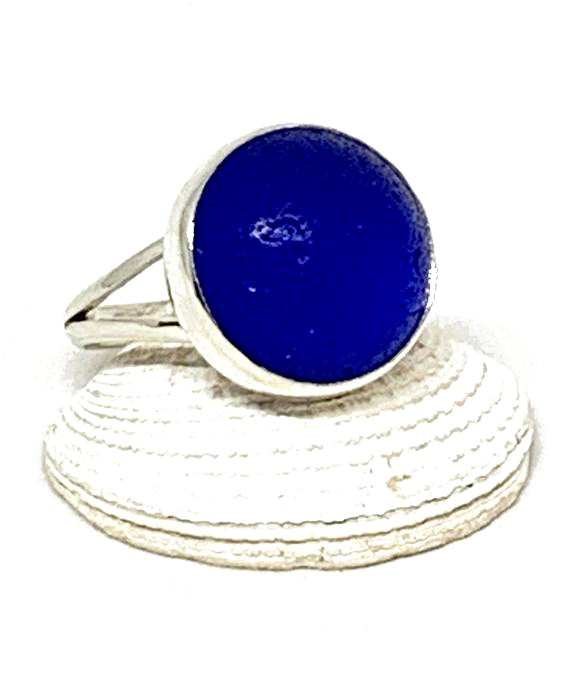 Dark Cobalt Blue Sea Glass Marble Ring - Size 7.5