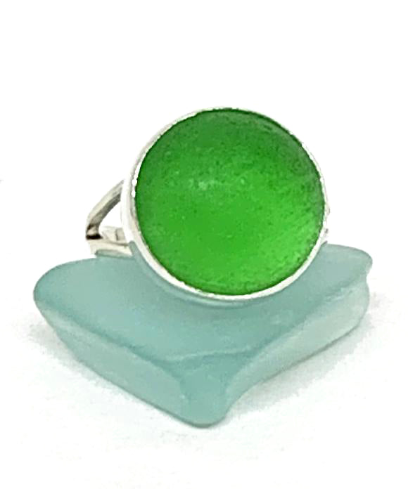 Bright Green Sea Glass Marble Ring - Size 6