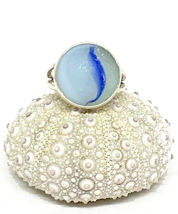 Blue Swirl Sea Glass Marble Ring - Size 4.5