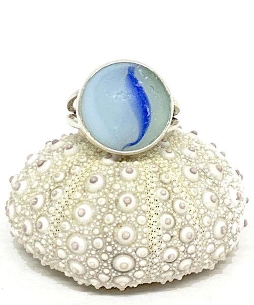 Blue Swirl Sea Glass Marble Ring - Size 4.5