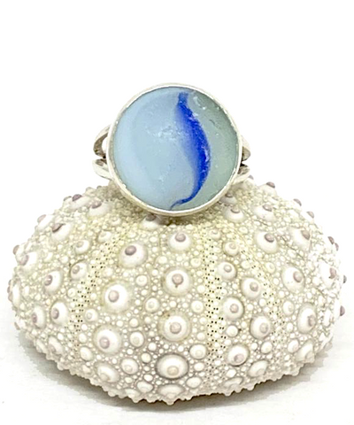 Blue Swirl Sea Glass Marble Ring - Size 4.5