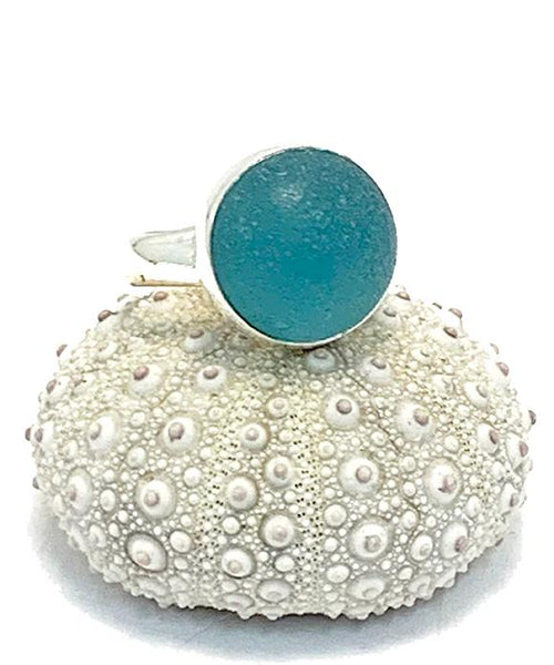 Dark Aqua Sea Glass Marble Ring - Size 7